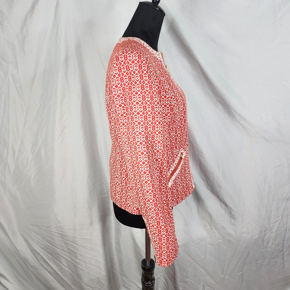 JONES NEW YORK Size Large Red‎ White Jacquard 100% Cotton Full Zip Blazer Jacket - Picture 5 of 13